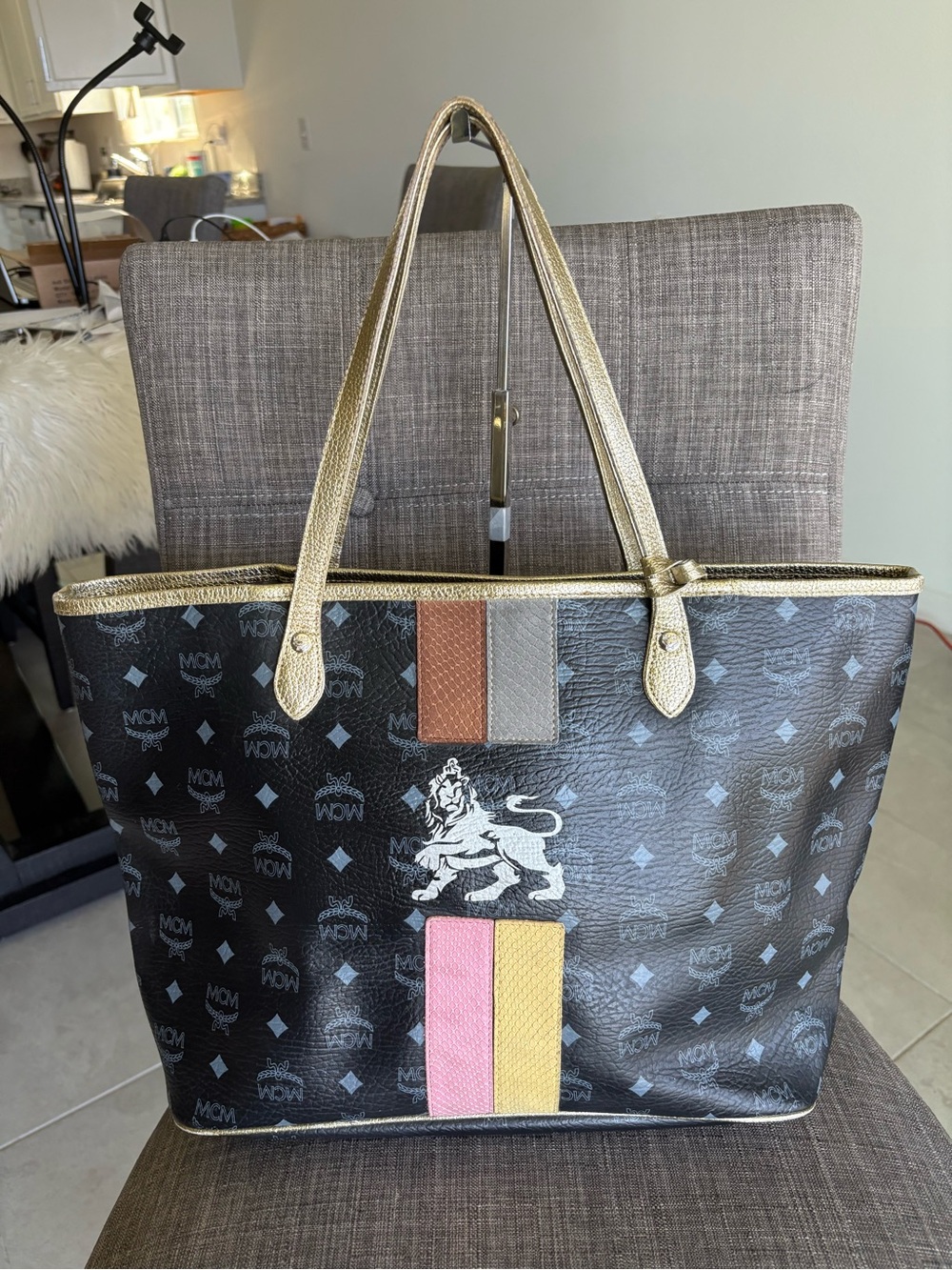 MCM Black Monogram Lion Princess Tote with Pink, Yellow & Gold Trim